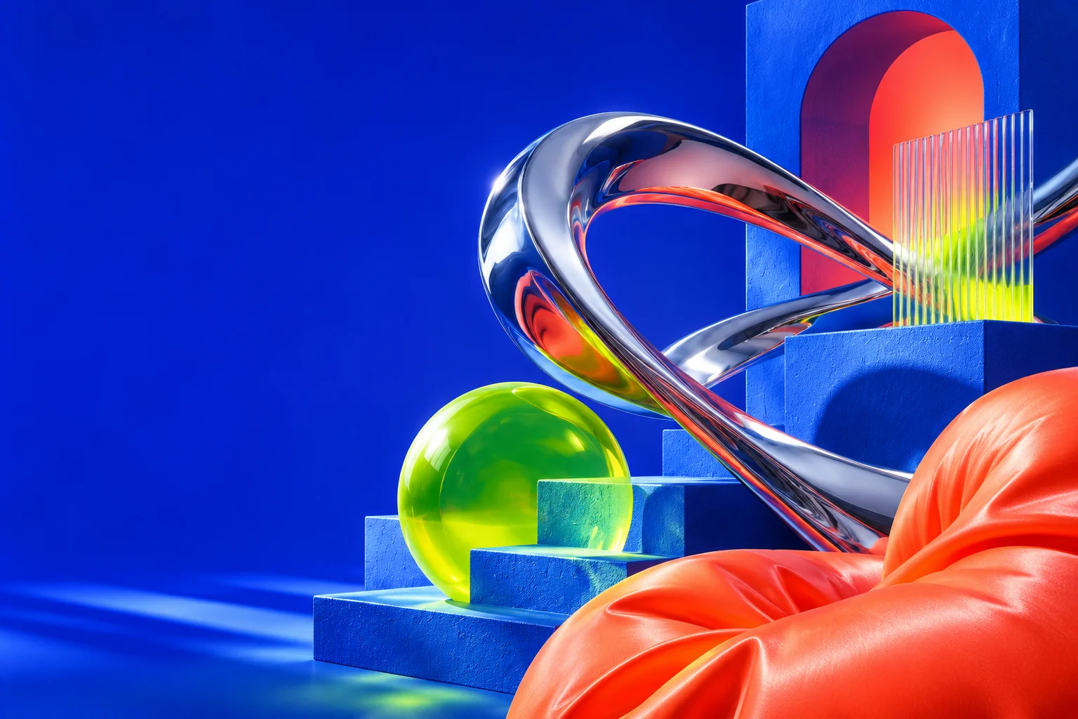 Original cinematic 3D composition: cobalt blue architecture, chrome ribbon, glowing lime sphere and coral fabric